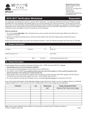 2016-2017 Verification Worksheet Dependent