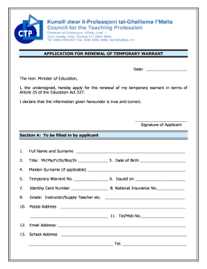 Application for Renewal of Temporary Warrant