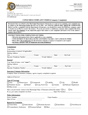 Mississippi Insurance Company Complaint Form