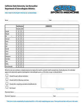 Pre-Participatory Physical Screening Form