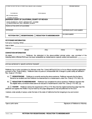 Petition for Resentencing Reduction to Misdemeanor