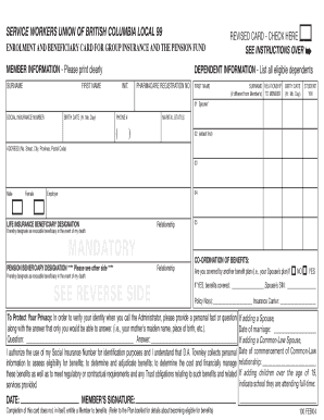 Service Workers Union of British Columbia Local 99 Enrolment and Beneficiary Card