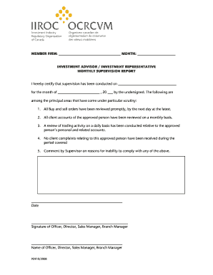 Investment Advisor Monthly Supervision Report