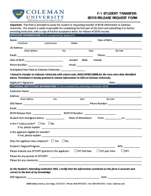 F-1 student transfer sevis release request form - Coleman University - coleman