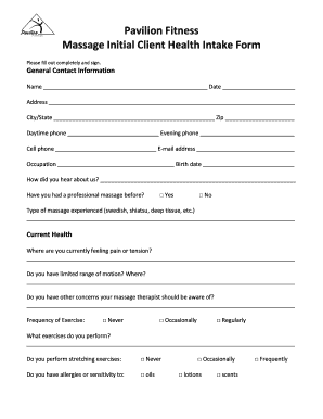 Massage Client Health Intake Form