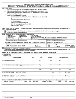Maryland Child Protective Services Background Clearance Request