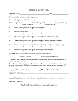 Recommendation Form for Physical Therapy Applicant