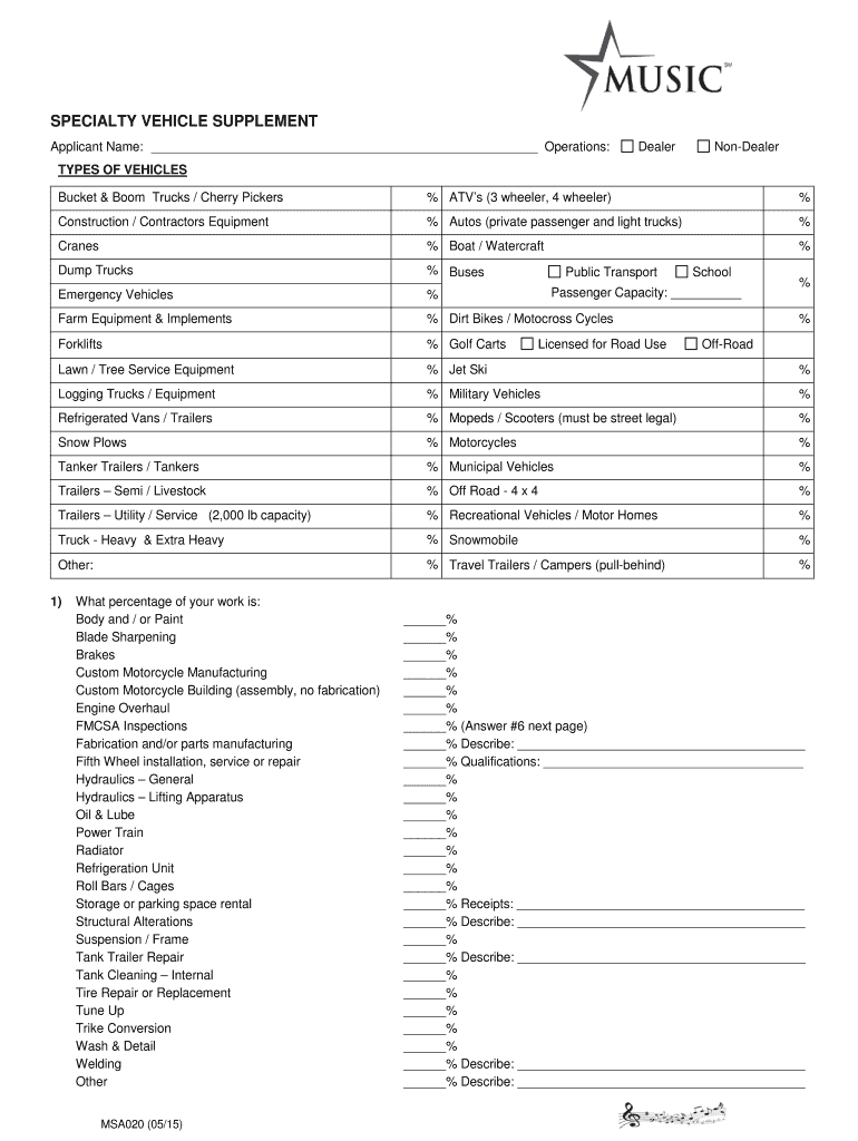 Fillable Online SPECIALTY VEHICLE SUPPLEMENT Capstone Underwriters