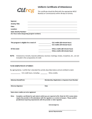 Uniform Certificate of Attendance for CLE Credits