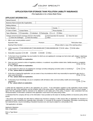 Storage Tank Pollution Liability Insurance Application