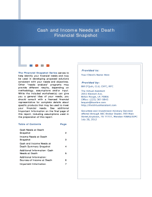Cash and Income Needs at Death Financial Snapshot