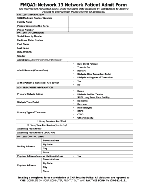 Network 13 Network Patient Admit Form