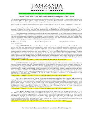 Parent Guardian Release Indemnification Assumption of Risk Form