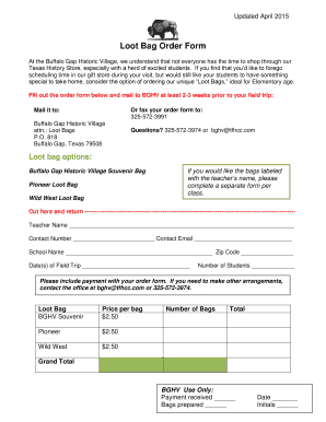 Buffalo Gap Historic Village Loot Bag Order Form