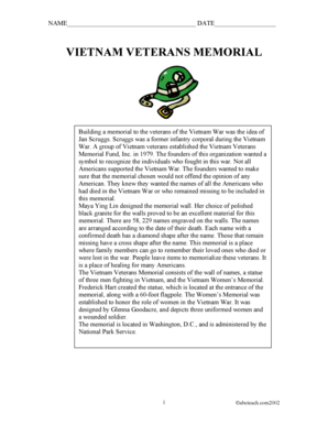 Vietnam Veterans Memorial Worksheet