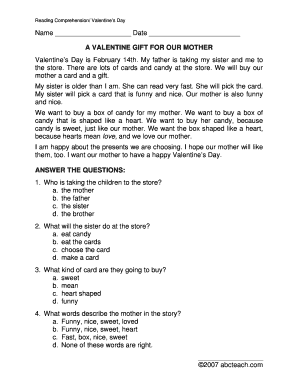 Valentine's Day Reading Comprehension Worksheet