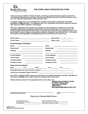 Bright Horizons Pre-Enrollment Registration Form