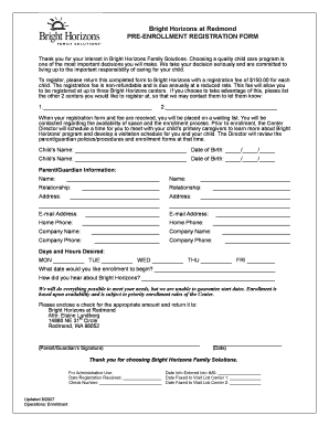 Bright Horizons Pre-Enrollment Registration Form