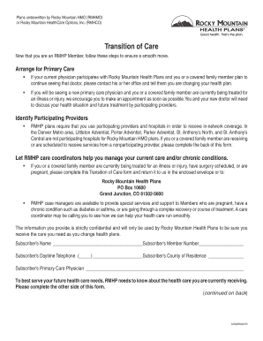 Rocky Mountain Health Plans Transition of Care Form