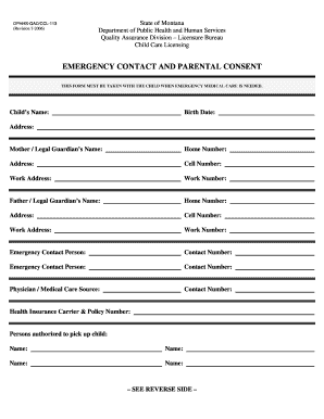 Montana Child Care Emergency Contact and Parental Consent Form