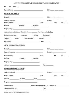 Acupuncture Insurance Verification Form