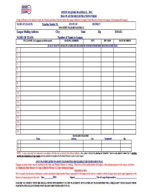 2014 Dixie Majors Baseball Player Registration Form
