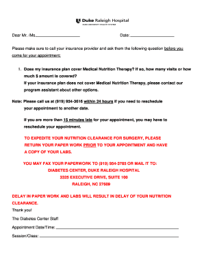 Patient Registration Form for Nutrition Clearance