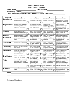 Teacher Lesson Presentation Evaluation Form