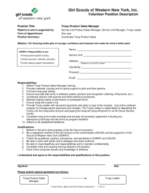 Girl Scouts Troop Product Sales Manager Agreement