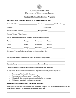 Student Health History/Medical Permission Form