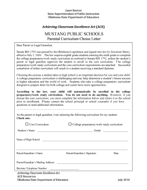 Oklahoma ACE Curriculum Selection Form