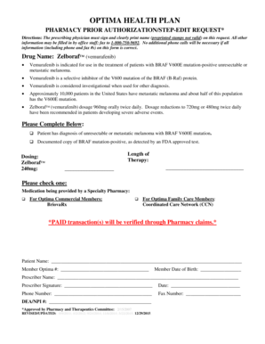 Pharmacy Prior Authorization Form for Zelboraf