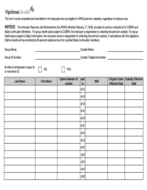 ARRA Premium Subsidy Form