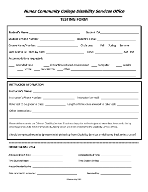 Nunez Community College Testing Form