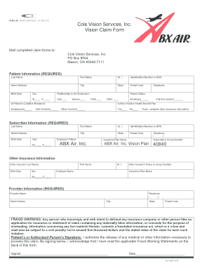 Cole Vision Services Vision Claim Form