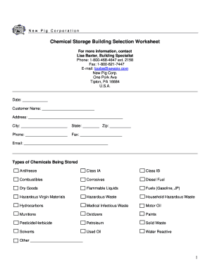 Chemical Storage Building Selection Worksheet