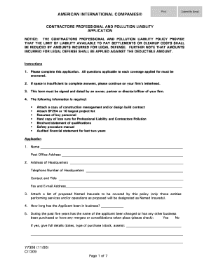 Contractors Professional and Pollution Liability Application