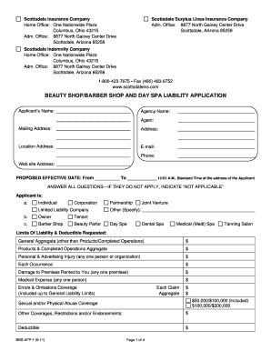 Beauty Shop/Barber Shop and Day Spa Liability Application