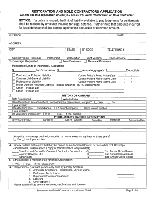 Liability Insurance Application for Restoration & Mold Contractors