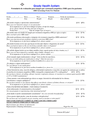 Formulario de evaluación para imagen por resonancia magnética (MRI) para los pacientes