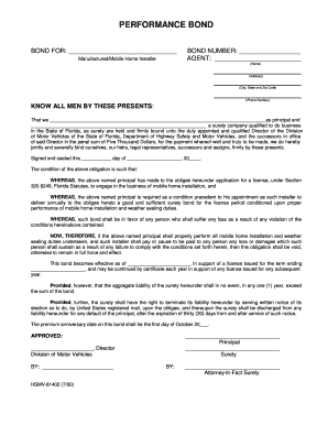 Florida Manufactured Mobile Home Installer Performance Bond