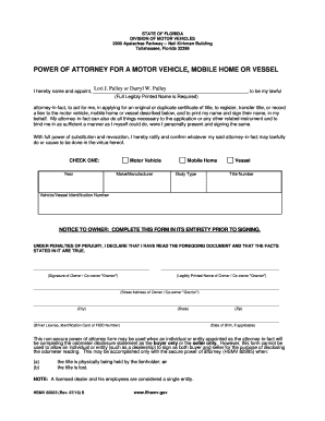 Florida Power of Attorney for Motor Vehicle