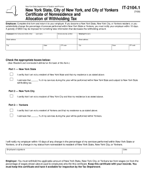 New York State IT-2104.1 Certificate of Nonresidence and Allocation of Withholding Tax