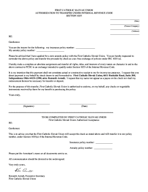 First Catholic Slovak Union 1035 Exchange Authorization