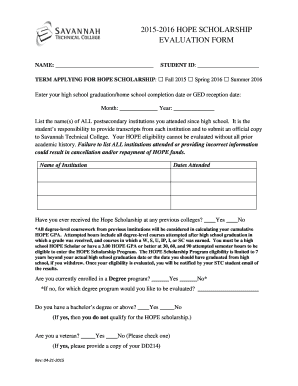2015-2016 HOPE Scholarship Evaluation Form