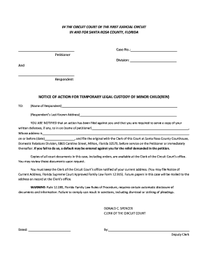 Notice of Action for Temporary Legal Custody of Minor Child