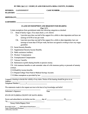 Florida Garnishment Claim of Exemption