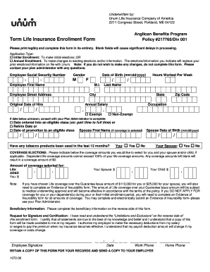 Anglican Benefits Program Term Life Insurance Enrollment Form