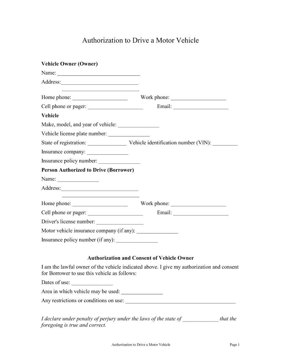 Motor Vehicle Authorization Letter Form