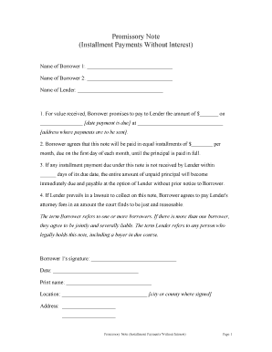 Promissory Note for Installment Payments Without Interest